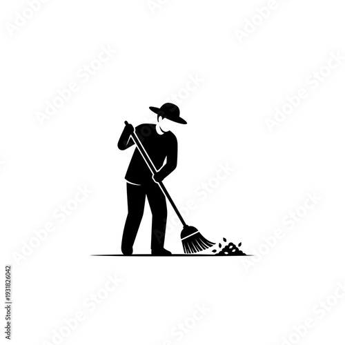 Minimal black vector logo of a person with a hat sweeping debris with a broom, symbolizing cleanliness and tidiness for domestic or professional services