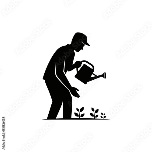 Black flat logo illustration of a dedicated gardener tending to young plants with a watering can, symbolizing growth, care, and sustainable agriculture through nurturing