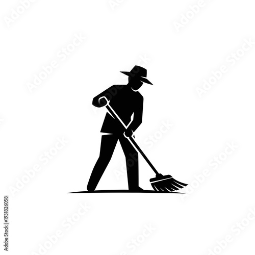 Minimalist Black Vector Logo Design Featuring a Person in a Hat Diligently Sweeping with a Broom, Representing Cleaning, Maintenance, and Hard Work