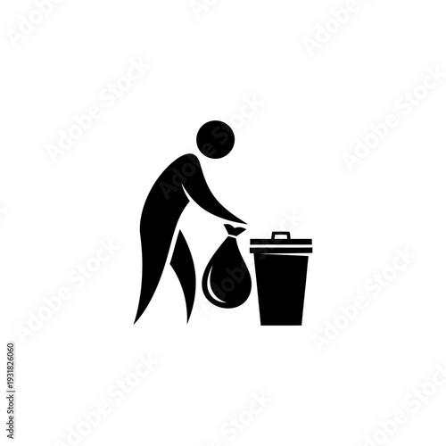 Monochromatic graphic representation of an individual performing waste disposal, placing a refuse bag into a bin, symbolizing cleanliness and responsible environmental practices