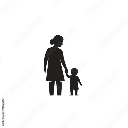 Minimalist black silhouette of a parent and child walking hand in hand, symbolizing family bonds, nurturing care, and early childhood guidance in a simple vector graphic icon