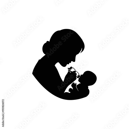Timeless black vector silhouette capturing a devoted mother gently nurturing her newborn baby, a minimalist symbol of maternal love, care, and the precious parent-child bond