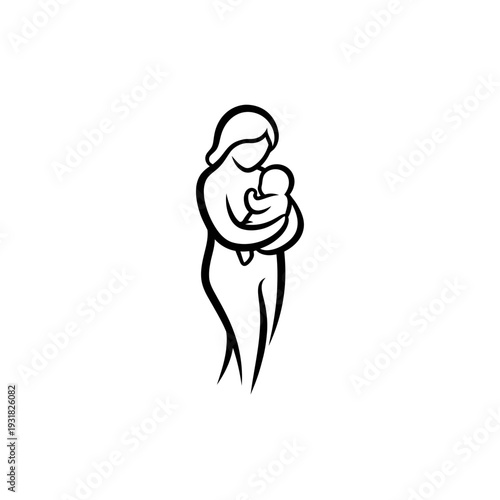 Minimalist black silhouette icon depicting a mother tenderly embracing her baby, symbolizing maternal love, family connection, and the precious bond of new life