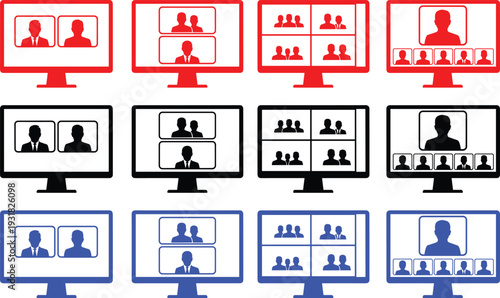 Computer monitor screen video conference layout collection with online meeting avatars set flat style