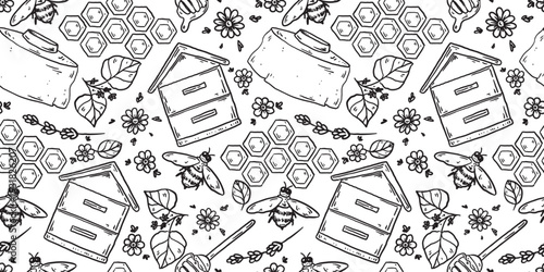 Beekeeping honey seamless pattern. Hand drawn honey sketch. Doodles set. Vector illustration for packaging design. Honeycomb, bee, flowers, jar of honey. Simple sketch style. Minimalist line art.