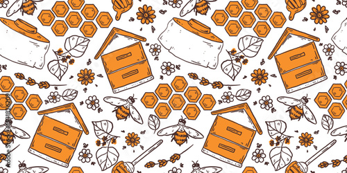 Beekeeping honey seamless pattern. Hand drawn honey sketch. Doodles set. Vector illustration for packaging design. Honeycomb, bee, flowers, jar of honey. Simple sketch style. Minimalist line art.