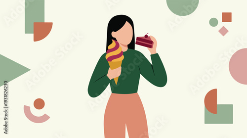 Woman holding ice cream and cake, surrounded by abstract geometric shapes