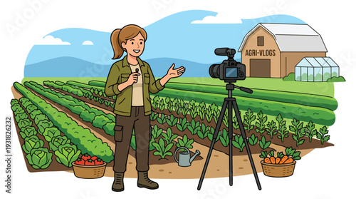 Illustration of a woman presenting in front of a camera on a tripod in a lush greenhouse farm setting with a barn and mountains.