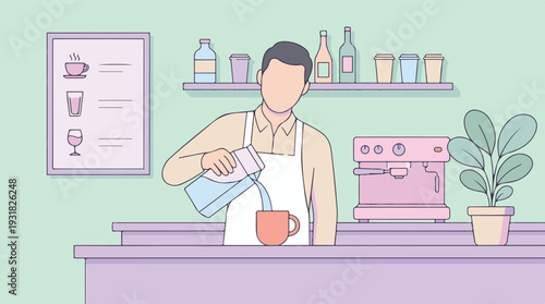 Barista pouring liquid into a cup behind a cafe counter, flat illustration