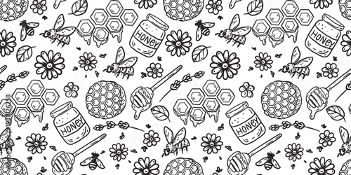 Beekeeping honey seamless pattern. Hand drawn honey sketch. Doodles set. Vector illustration for packaging design. Honeycomb, bee, flowers, jar of honey. Simple sketch style. Minimalist line art.
