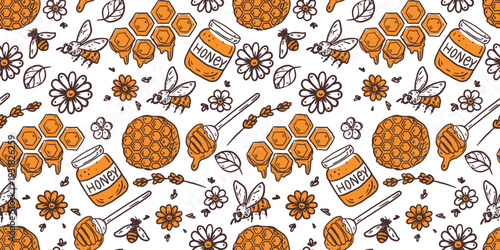 Beekeeping honey seamless pattern. Hand drawn honey sketch. Doodles set. Vector illustration for packaging design. Honeycomb, bee, flowers, jar of honey. Simple sketch style. Minimalist line art.