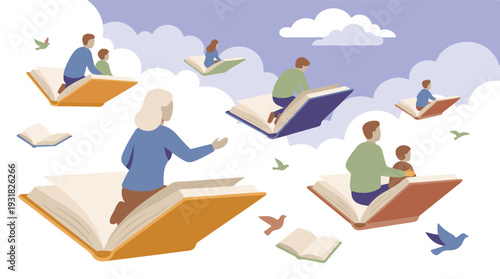 People of different generations flying on books in the sky, symbolizing learning