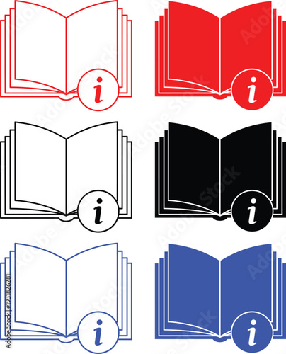 Open book icons set collection with information symbol in red black and blue colors isolated on transparent background