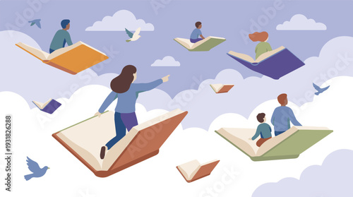 Imagination takes flight: People and children soaring on books in the sky