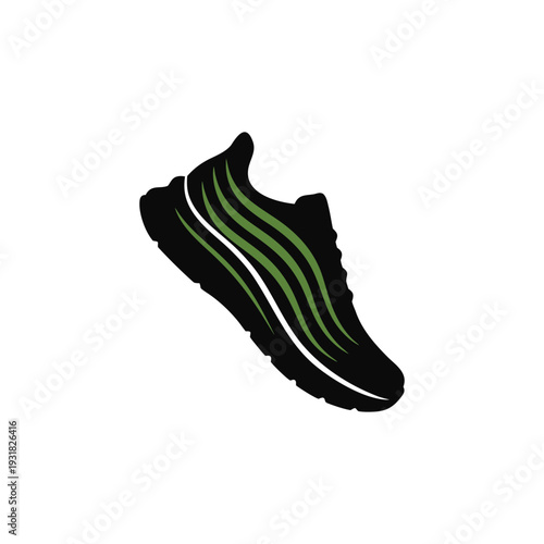 3d shoe sneaker, athletic footwear, minimalist modern design, sleek silhouette, monochrome black and green color palette, geometric pattern texture, dynamic fluid lines, floating studio shot, high con