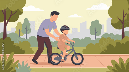 Father teaching son to ride a bicycle outdoors in a park