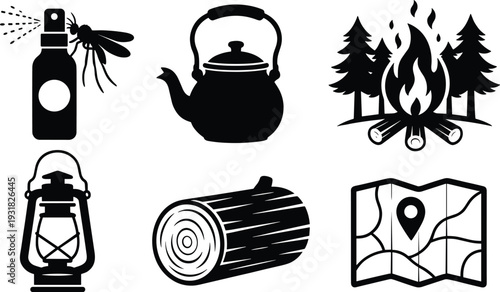 Camping Equipment Icons Set Including Bug Spray Kettle Campfire Lantern Wood Log and Map for Outdoor Adventure Tourism and Nature Exploration