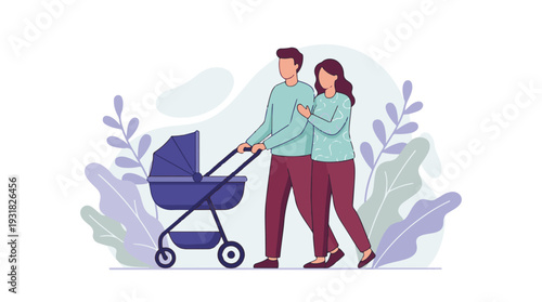 Young couple walking with a baby in a stroller, family concept