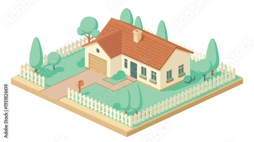 Isometric illustration of a suburban house with garden, fence, and trees
