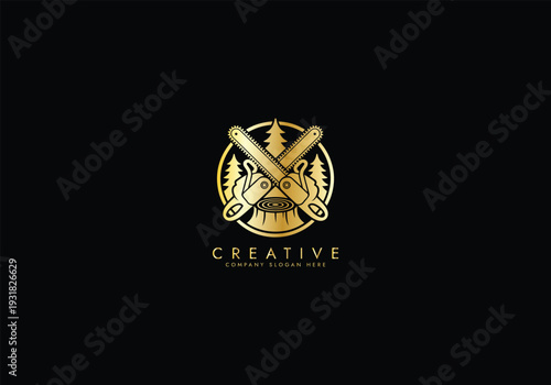 Lumberjack and Chainsaw Cutting  luxury logo, Woodcutting Tree Trunk Logo editable vector Design 
