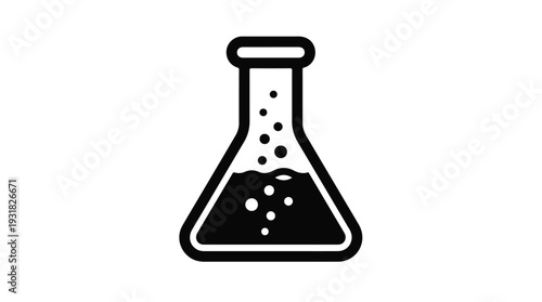 Black and white line art illustration of a conical flask with bubbles on a plain white background.