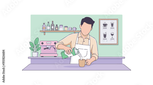 Barista pouring milk into a mug to prepare coffee at a cafe counter