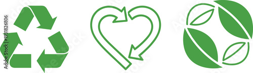 Vector collection of green ecology icons including recycling symbol heart shaped arrows and leaf circle isolated on white background for environmental sustainability and eco friendly projects