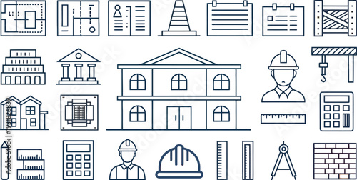 Architecture and Construction Blueprint Line Icon Set