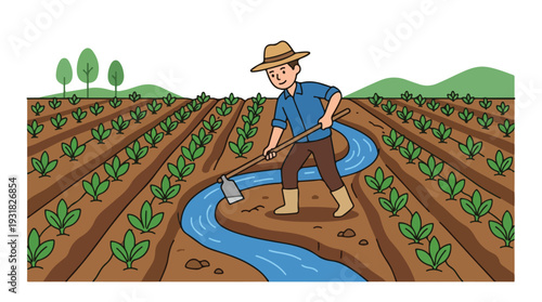 Illustration of a farmer watering plants in a vast agricultural field with rows of crops and a serene landscape background.