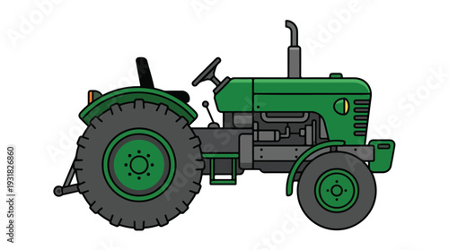 Illustration of a green tractor with large rear wheel and black steering wheel on a white background.