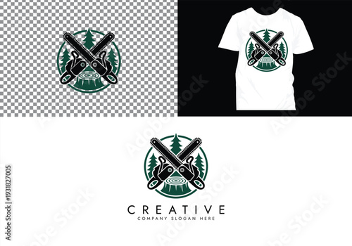 Lumberjack and Chainsaw Cutting logo, Woodcutting Tree Trunk Logo editable vector Design 