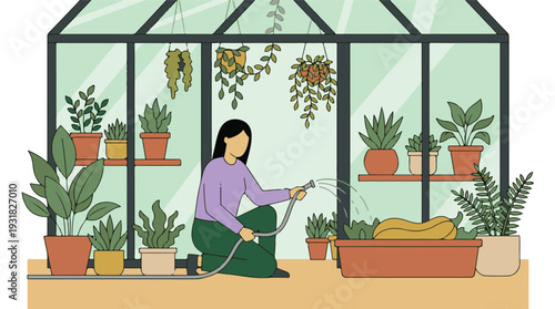 Woman watering plants and vegetables in a greenhouse