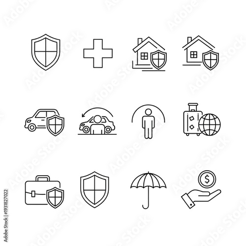 Insurance line icon set for protection security and coverage