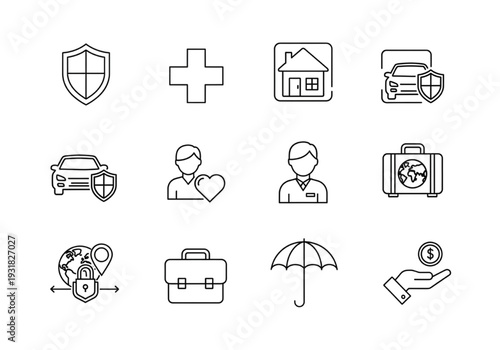 Insurance line icon set for protection security and coverage