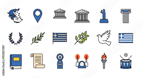 Greek Symbols Icons Set Focused On Classical Heritage.