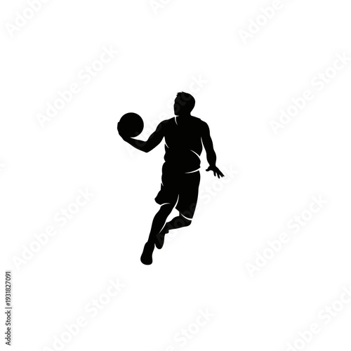Silhouette of a basketball player dribbling the ball in a dynamic pose, perfect for sports branding and design
