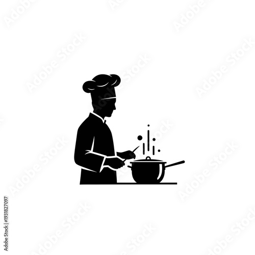 Minimalist black silhouette logo featuring a professional chef skillfully preparing a delicious dish in a steaming pot, representing culinary expertise and fine dining establishments