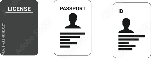 Vector collection of identity document icons including driver license passport and identification card symbols isolated on white background for travel security and personal verification design project