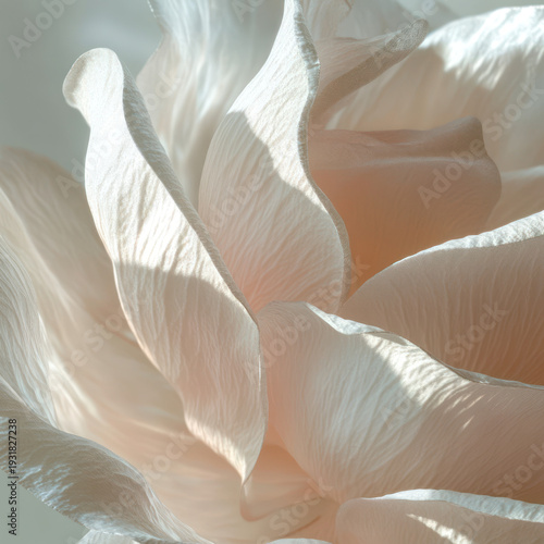A close-up view of delicate white flower petals in soft natural light