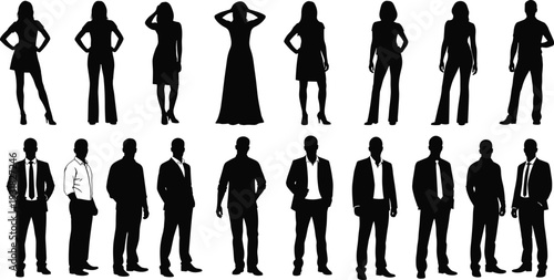 Black silhouette vector illustration of men and women, diverse poses, fashion styles, casual and business attire, demographic artwork, human figure design