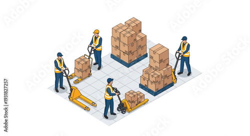 Workers in safety vests move stacked cardboard boxes with pallet jacks