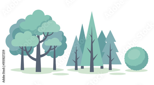 Minimalist cartoon trees and shrubs in a natural landscape illustration