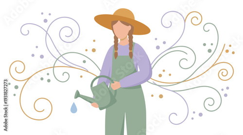 Minimalist woman gardener with watering can, tending to decorative plants