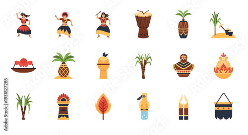 Tiki Figures and Tropical Island Dancer Icons.