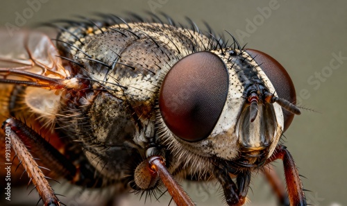 Extreme Macro Photography of Housefly Head Showing Compound Eyes and Bristles