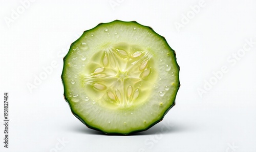 Single Fresh Cucumber Slice With Water Drops Isolated on White Background
