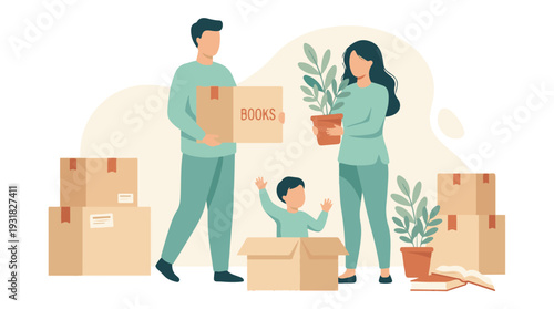 Happy family moving to a new house with boxes and plants