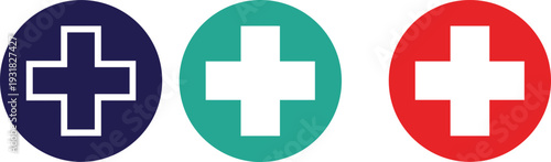 Vector collection of medical plus icons including first aid cross symbols in red green and blue circles isolated on white background for healthcare and emergency design projects