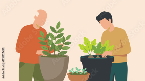 Two men enjoying urban gardening, planting and tending potted plants