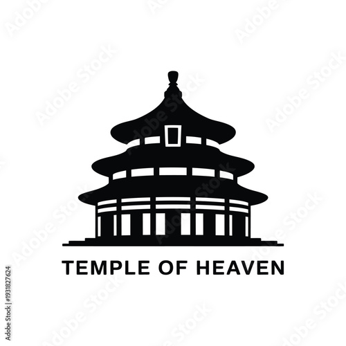 Black silhouette of the temple of heaven with text underneath
